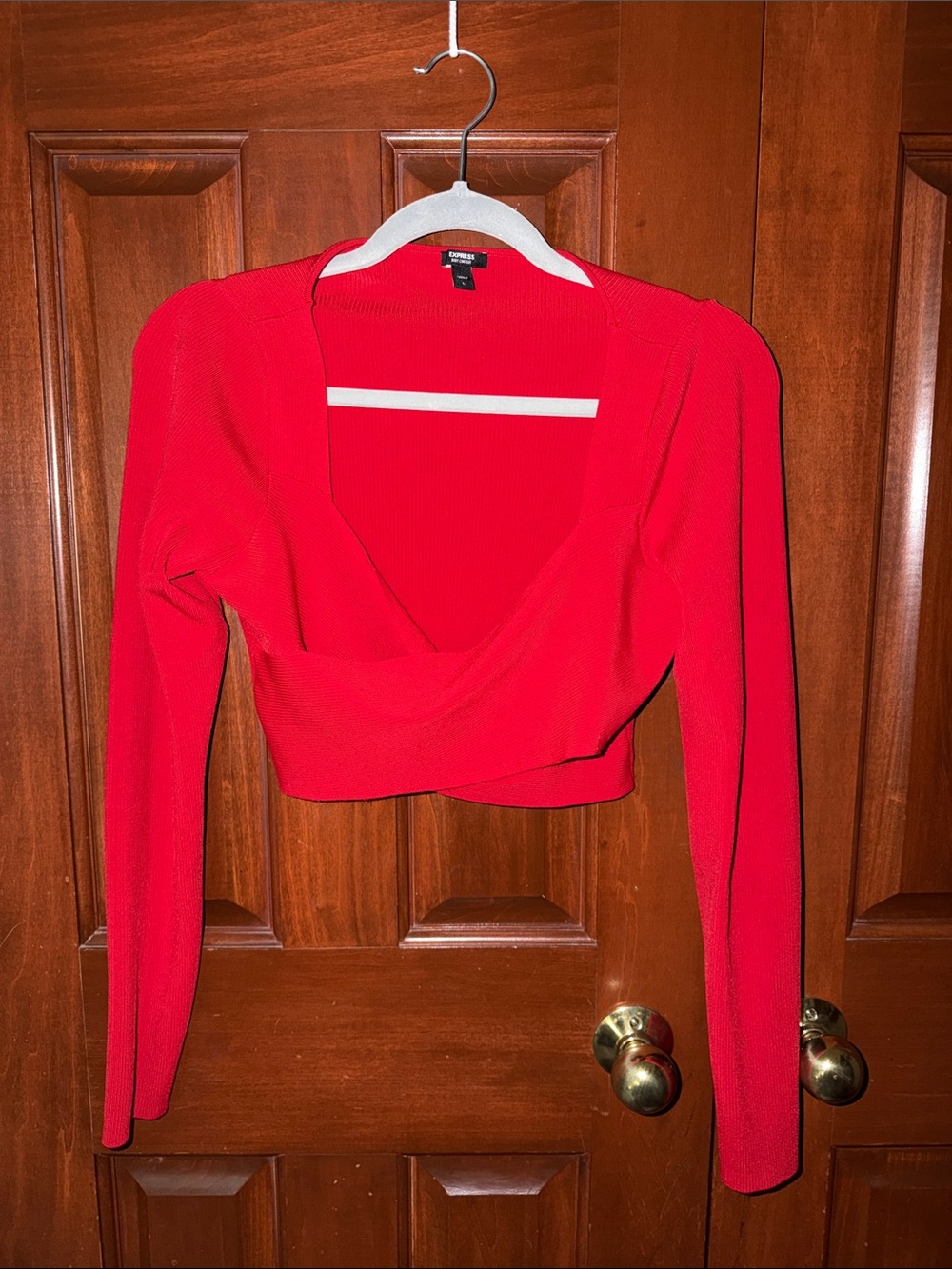 Express Red Long-Sleeve Cropped Wrap Top